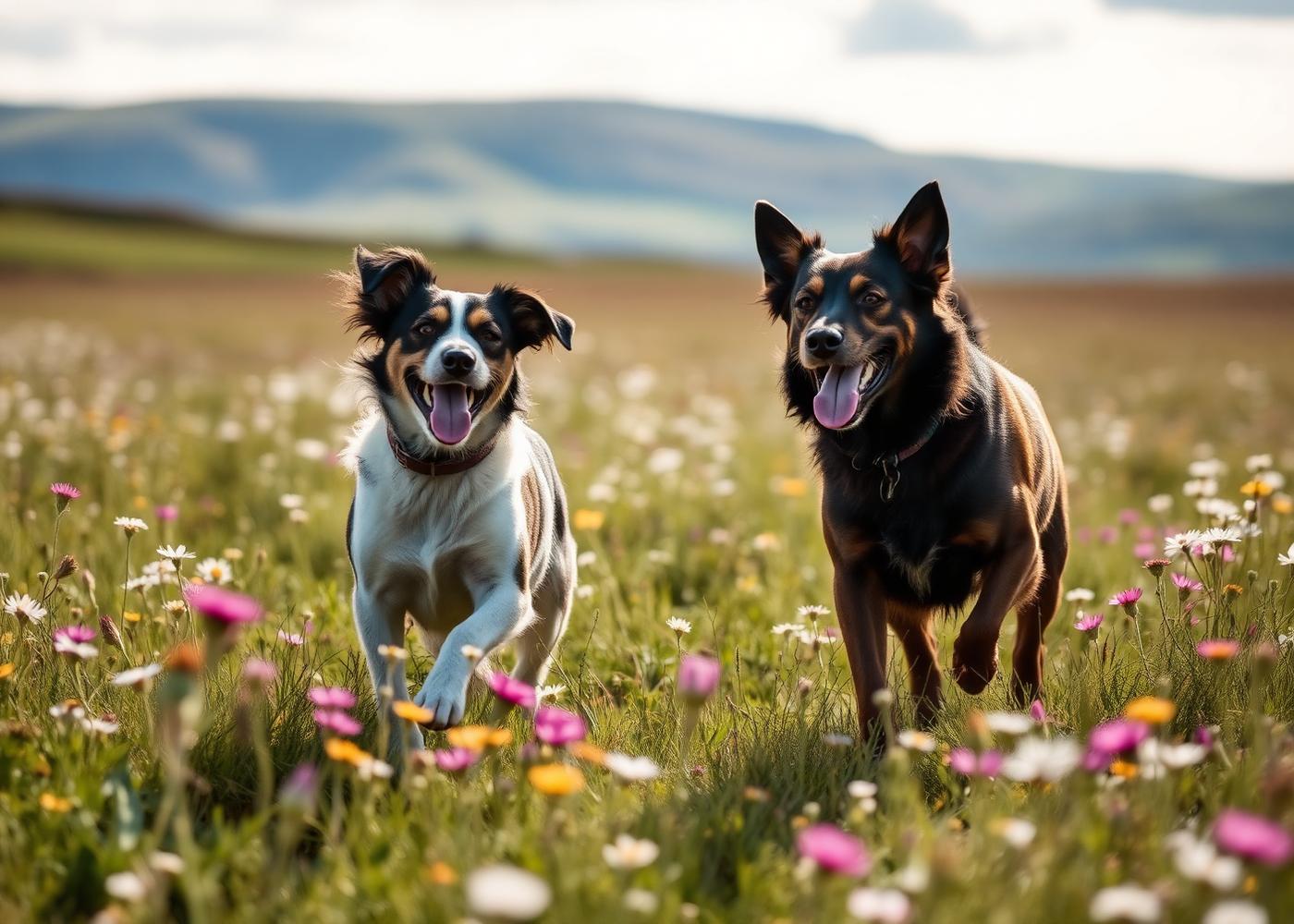 Two dogs running through a wildflower meadow in the Welsh countryside