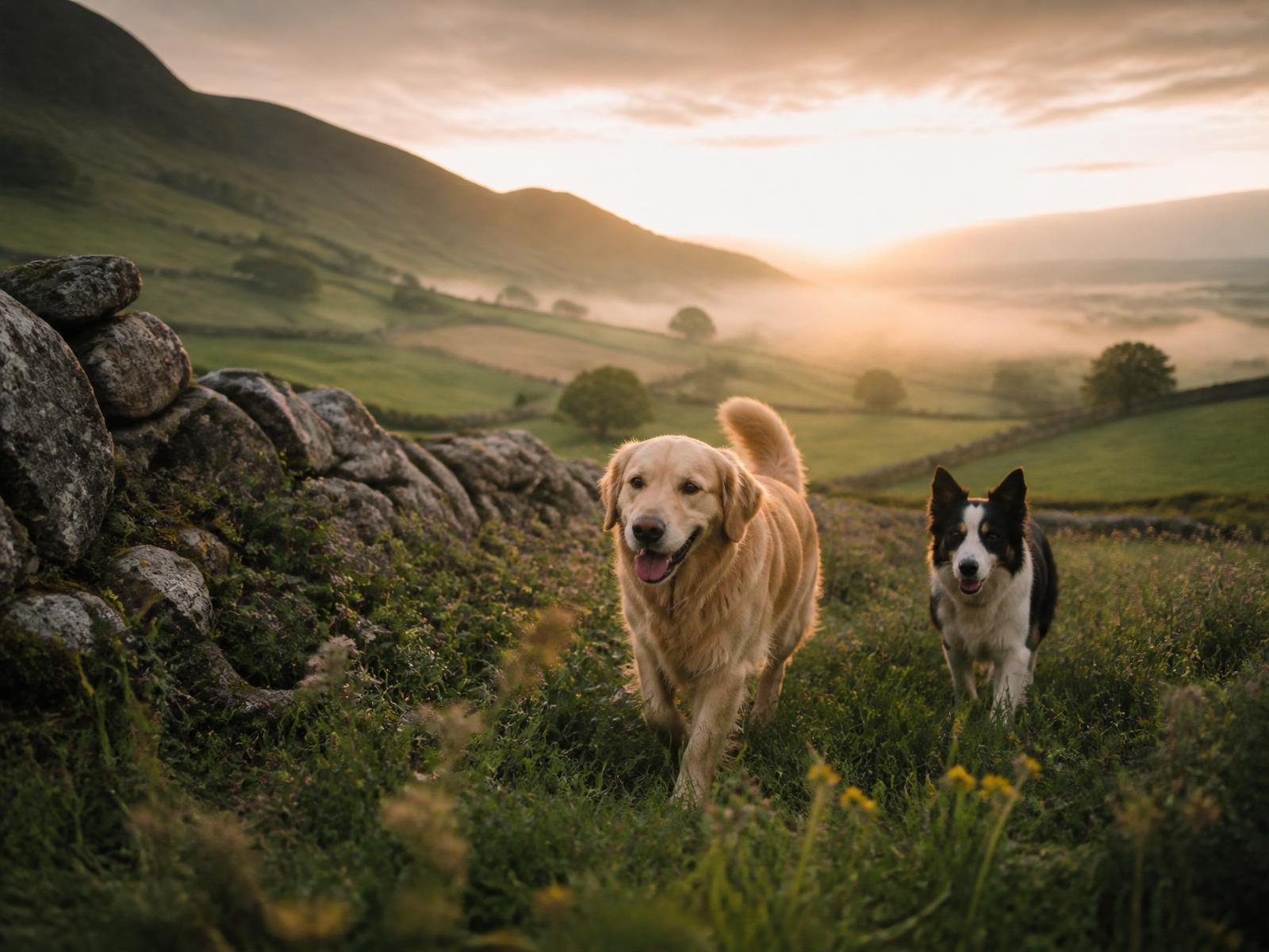 Two dogs walking through a Welsh valley at sunrise